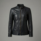 Women's Black Band Collar Premium Leather Biker Jacket