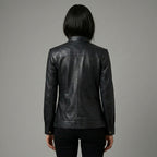Women's Black Band Collar Premium Leather Biker Jacket