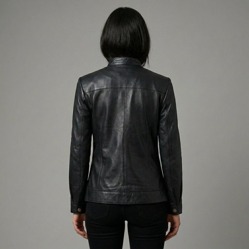 Women's Black Band Collar Premium Leather Biker Jacket