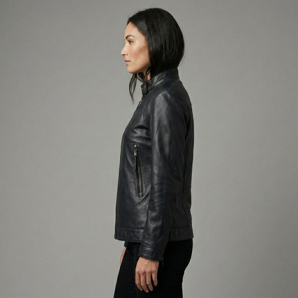 Women's Black Band Collar Premium Leather Biker Jacket