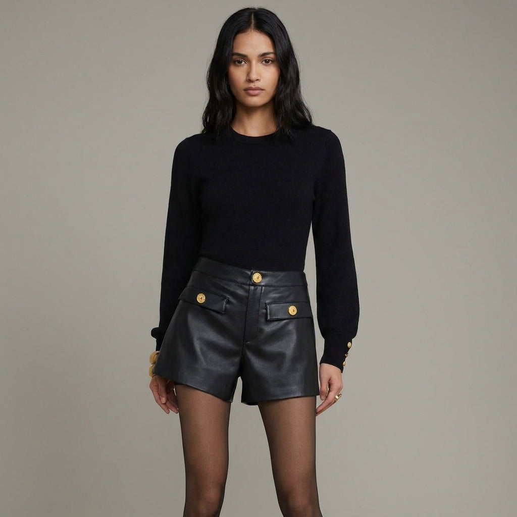 Women’s Black Faux Leather High-Waist Buttoned Shorts