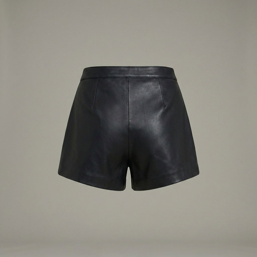 Women’s Black Faux Leather High-Waist Buttoned Shorts