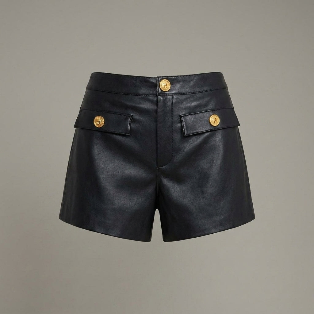 Women’s Black Faux Leather High-Waist Buttoned Shorts