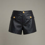 Women’s Black Faux Leather High-Waist Buttoned Shorts