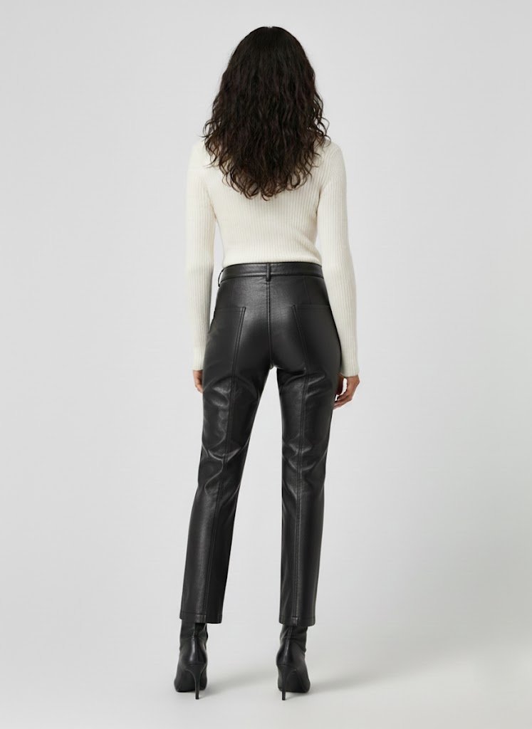 Women’s Black Faux Leather Straight-Leg Pants with Patch Pockets