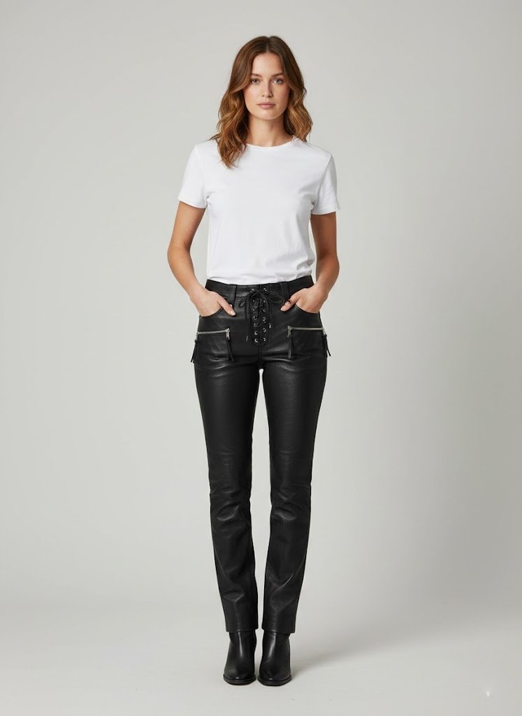Women’s Black Leather Lace-Up Pants with Front Closure