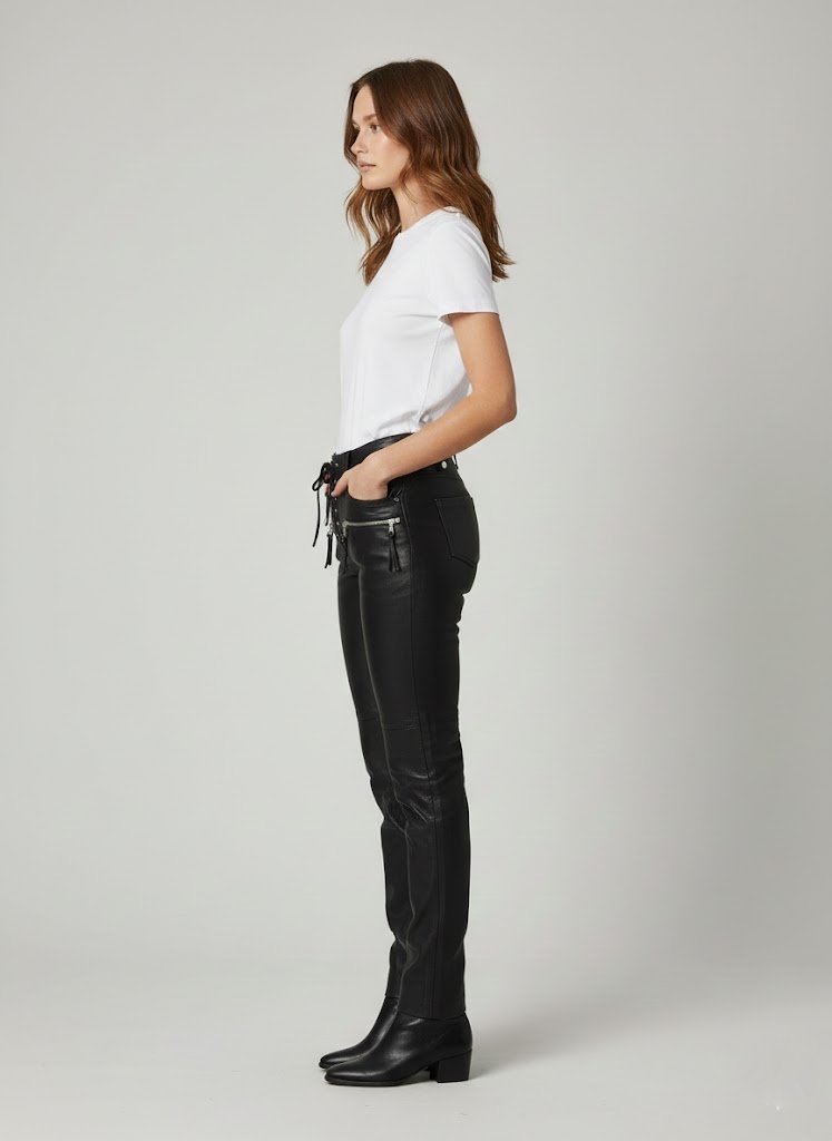 Women’s Black Leather Lace-Up Pants with Front Closure