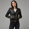 Women’s Black Quilted Biker Jacket with Gold Hardware