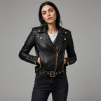 Women’s Black Quilted Biker Jacket with Gold Hardware