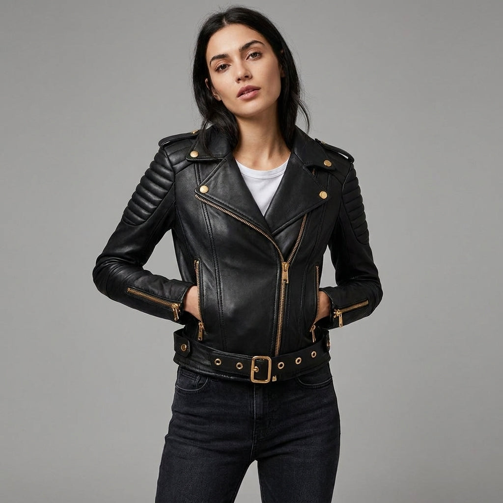 Women’s Black Quilted Biker Jacket with Gold Hardware