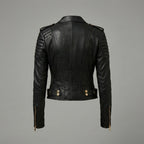 Women’s Black Quilted Biker Jacket with Gold Hardware