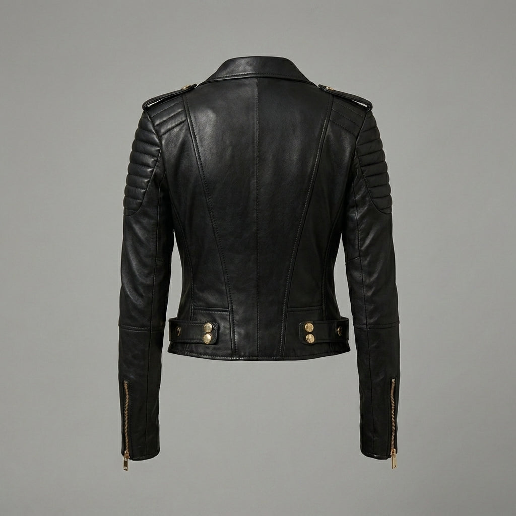 Women’s Black Quilted Biker Jacket with Gold Hardware