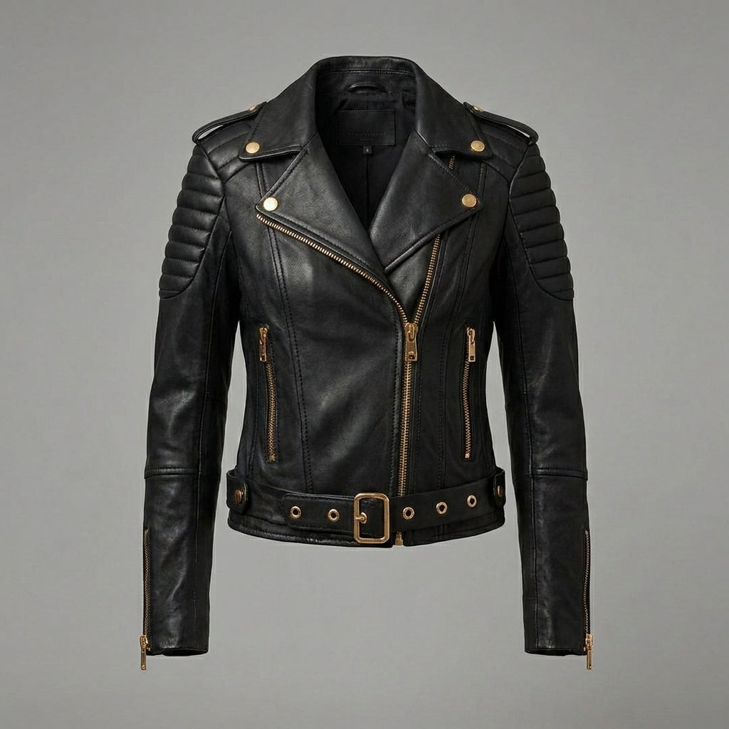 Women’s Black Quilted Biker Jacket with Gold Hardware
