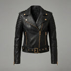 Women’s Black Quilted Biker Jacket with Gold Hardware