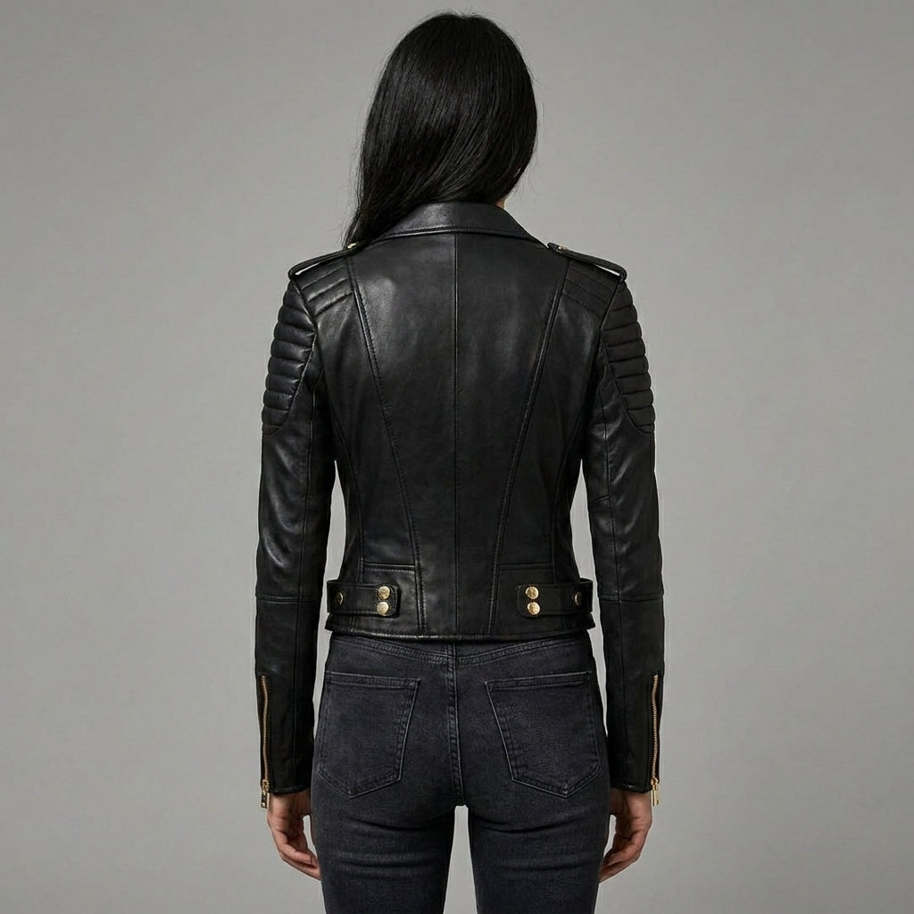 Women’s Black Quilted Biker Jacket with Gold Hardware