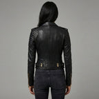 Women’s Black Quilted Biker Jacket with Gold Hardware