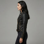 Women’s Black Quilted Biker Jacket with Gold Hardware
