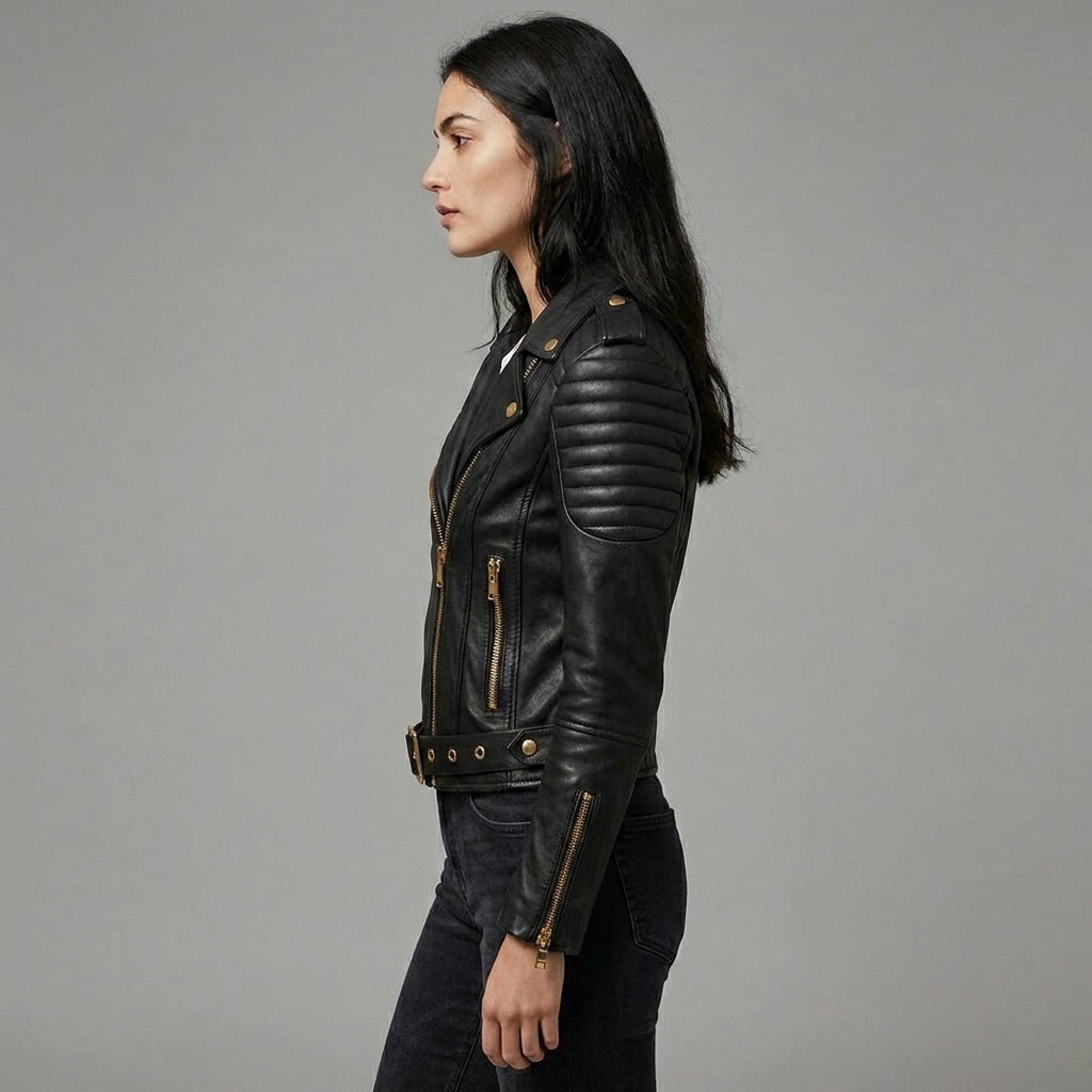 Women’s Black Quilted Biker Jacket with Gold Hardware