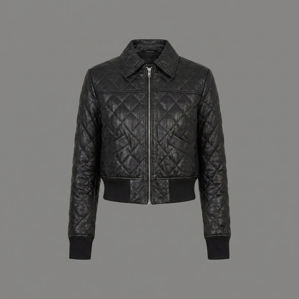 Women’s Black Quilted Leather Bomber Jacket