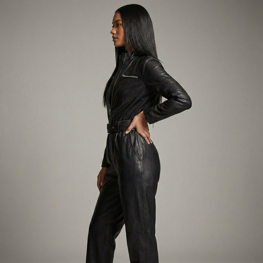 Women’s Black Sheepskin Leather Jumpsuit