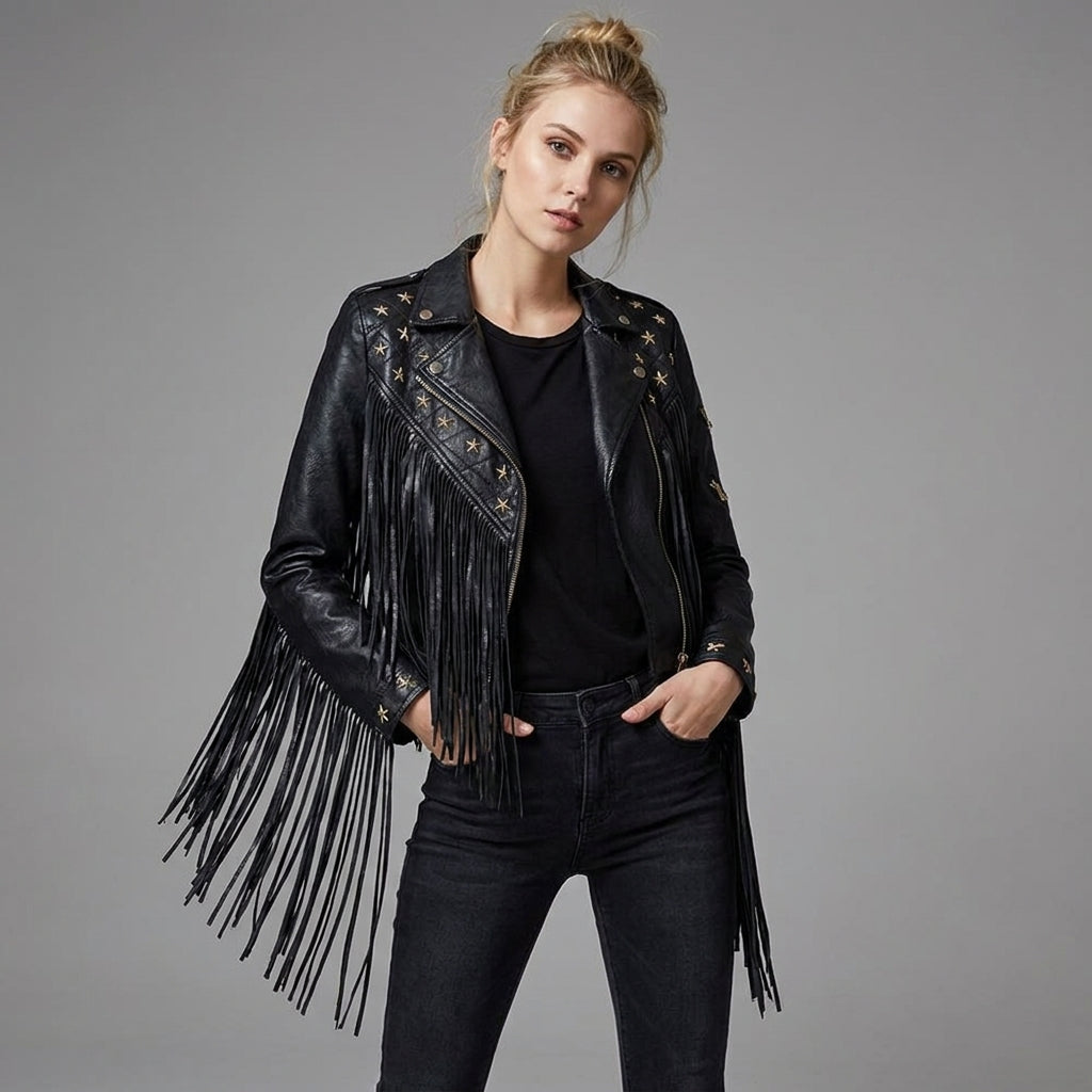 Women’s Black Studded Fringe Faux Leather Moto Jacket – Silver Star Biker Style