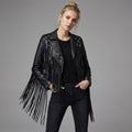 Women’s Black Studded Fringe Faux Leather Moto Jacket – Silver Star Biker Style
