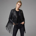Women’s Black Studded Fringe Faux Leather Moto Jacket – Silver Star Biker Style