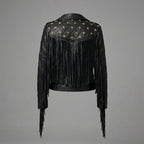 Women’s Black Studded Fringe Faux Leather Moto Jacket – Silver Star Biker Style