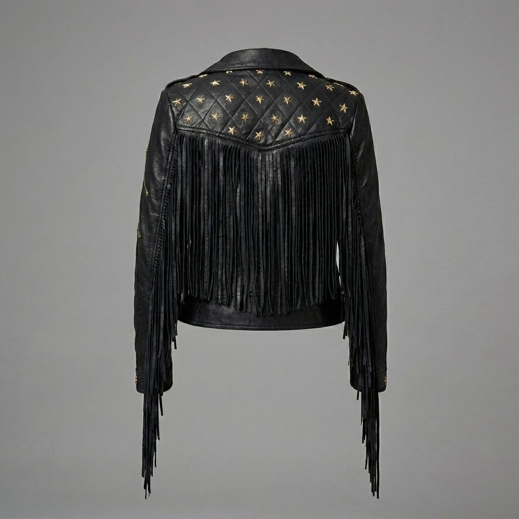 Women’s Black Studded Fringe Faux Leather Moto Jacket – Silver Star Biker Style