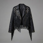 Women’s Black Studded Fringe Faux Leather Moto Jacket – Silver Star Biker Style