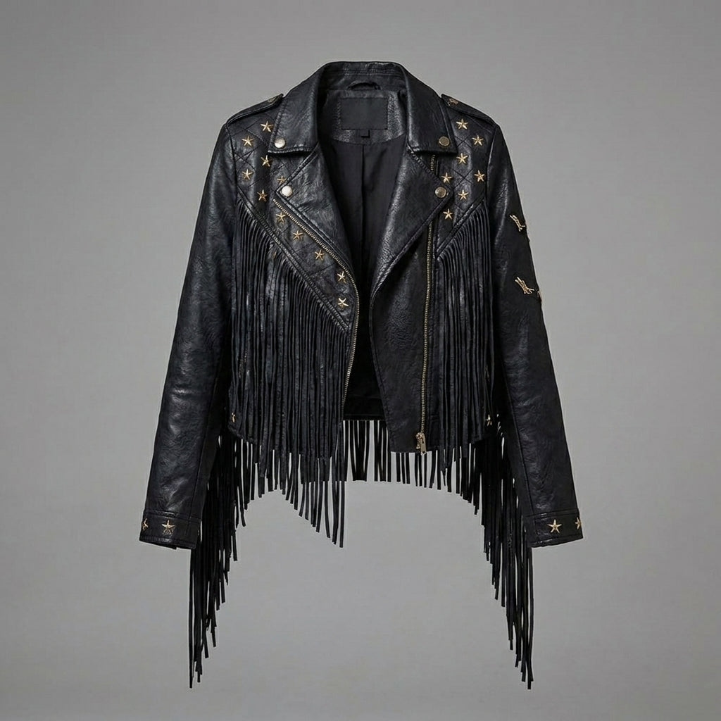 Women’s Black Studded Fringe Faux Leather Moto Jacket – Silver Star Biker Style