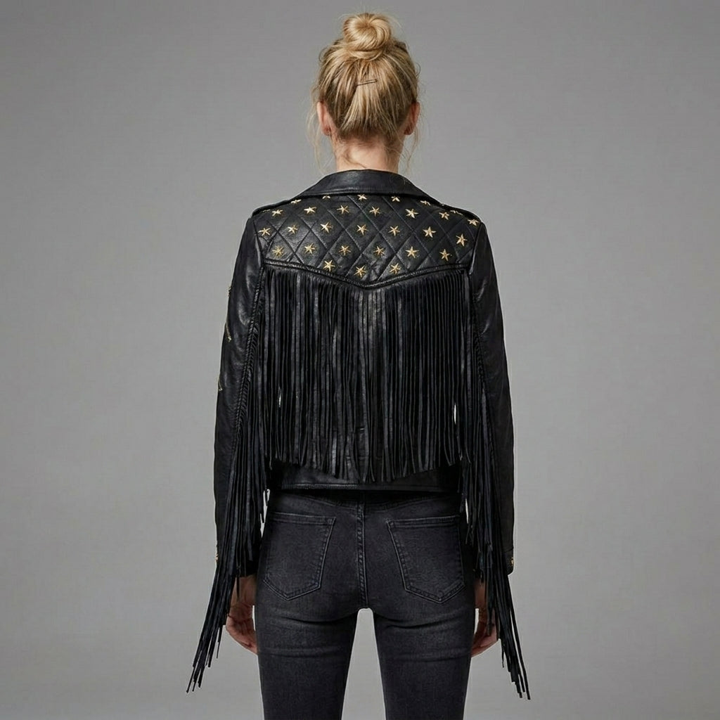 Women’s Black Studded Fringe Faux Leather Moto Jacket – Silver Star Biker Style