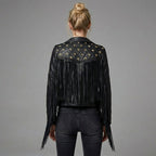 Women’s Black Studded Fringe Faux Leather Moto Jacket – Silver Star Biker Style
