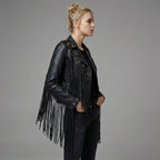 Women’s Black Studded Fringe Faux Leather Moto Jacket – Silver Star Biker Style