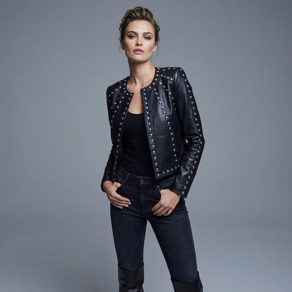 Women's Black Studded Lambskin Leather Biker Jacket