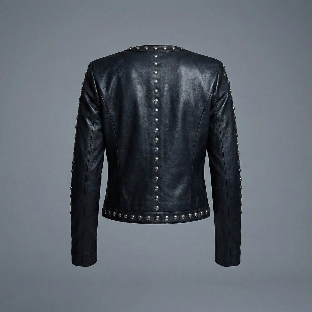 Women's Black Studded Lambskin Leather Biker Jacket