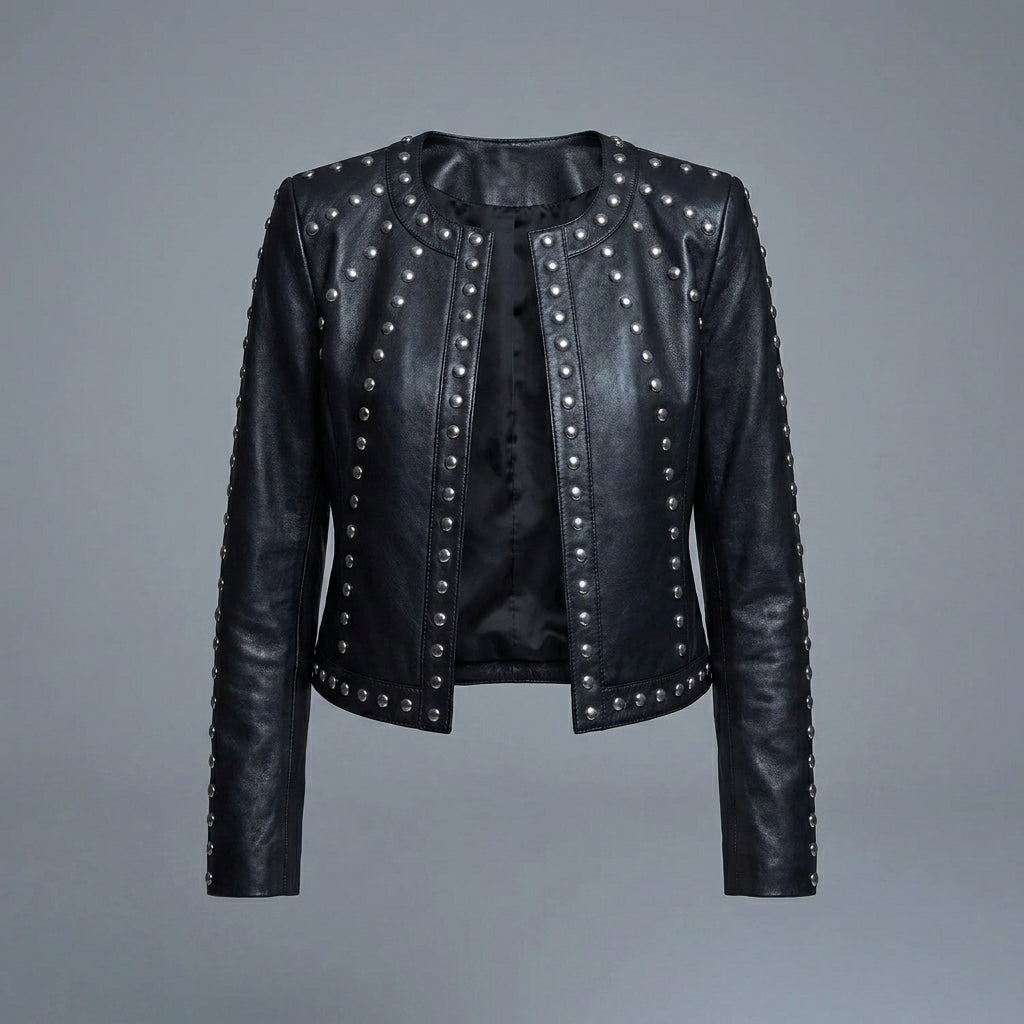Women's Black Studded Lambskin Leather Biker Jacket