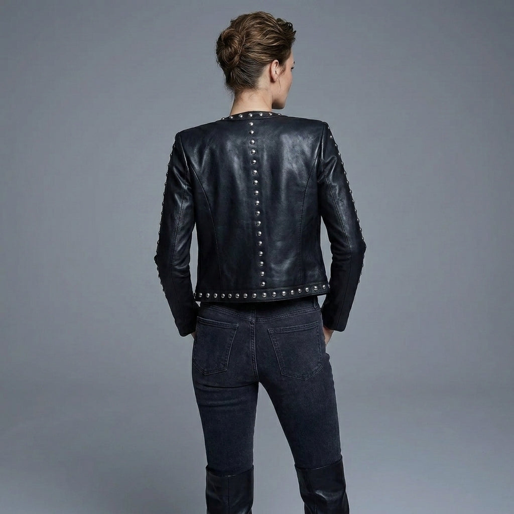 Women's Black Studded Lambskin Leather Biker Jacket