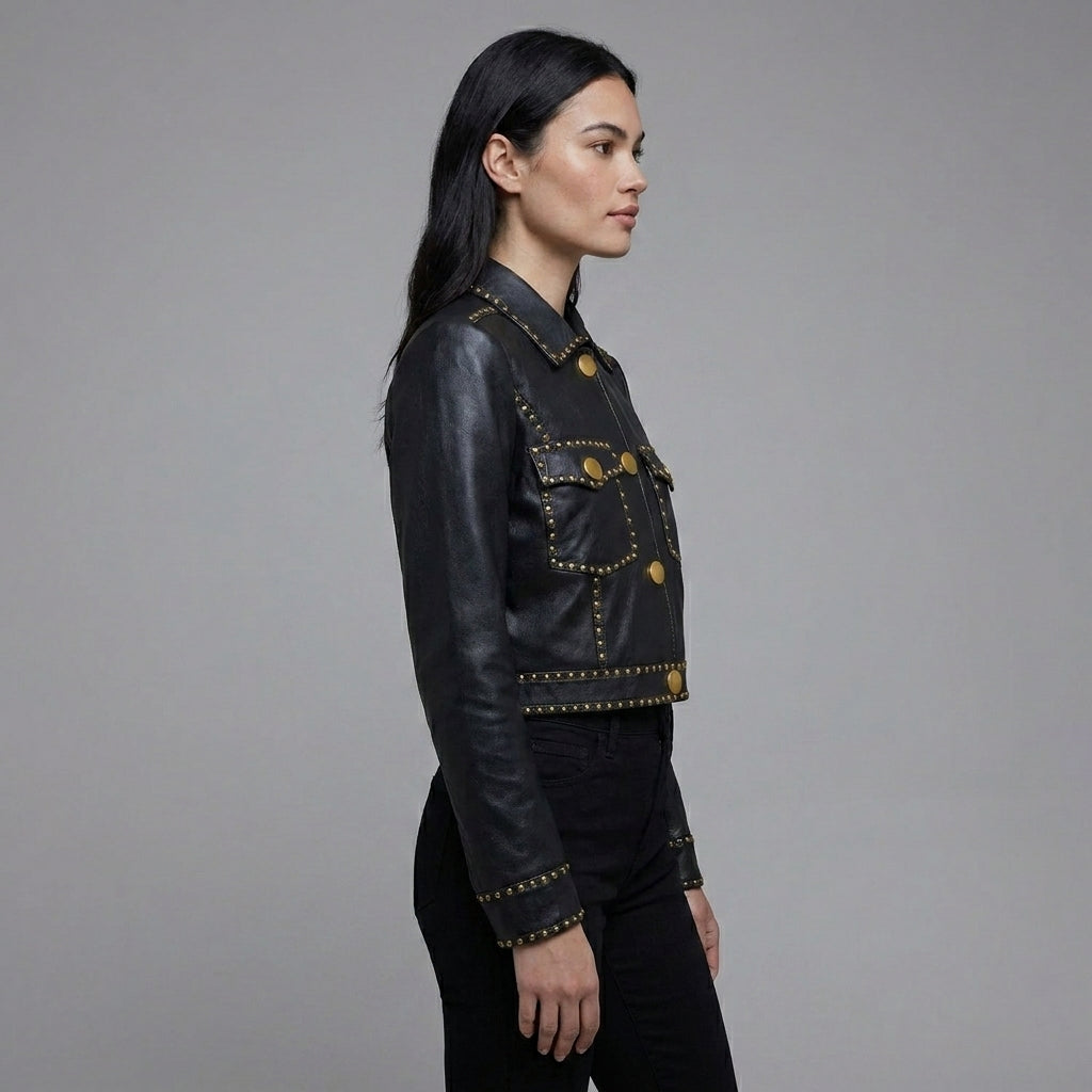 Women’s Black Studded Leather Biker Jacket