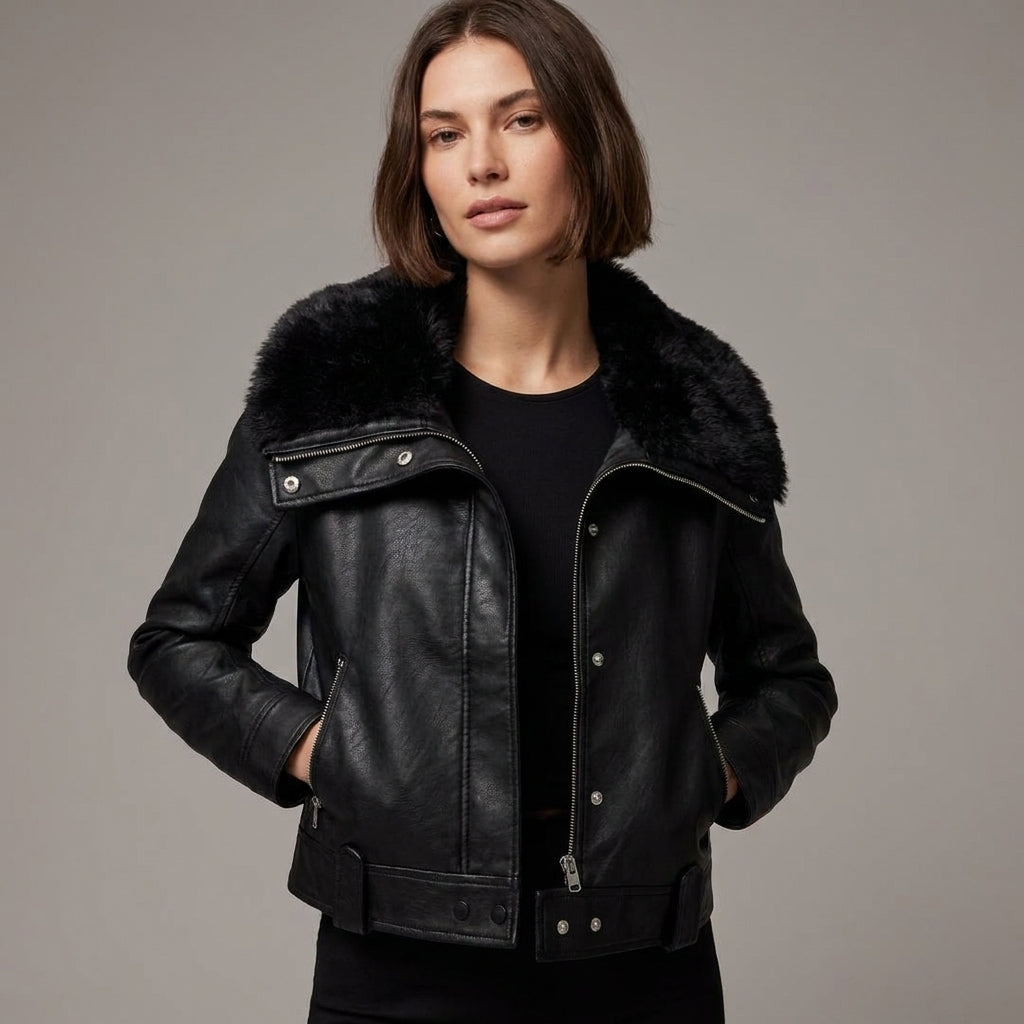 Women’s Black Suede Shearling Biker Jacket