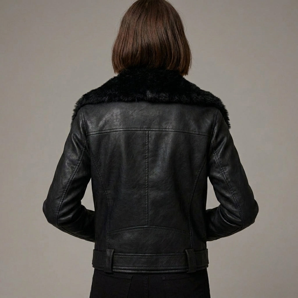 Women’s Black Suede Shearling Biker Jacket