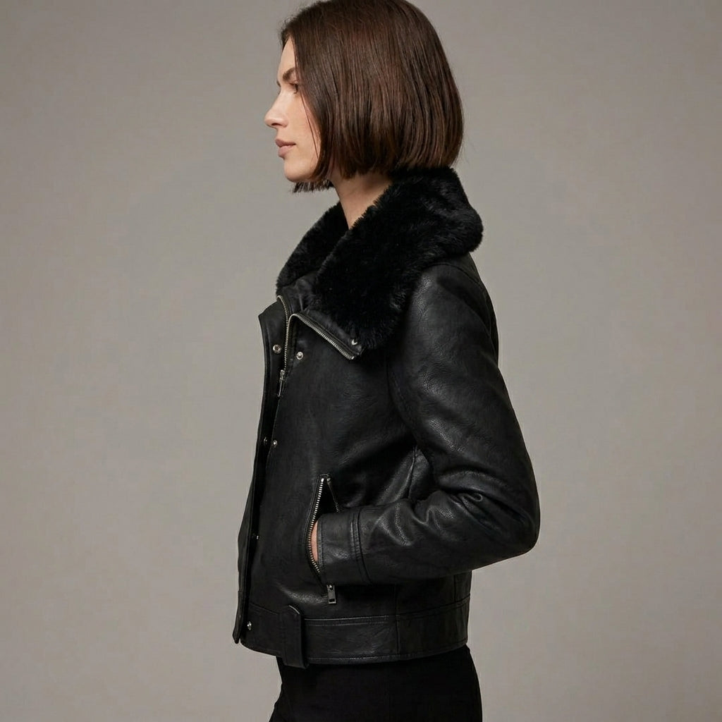 Women’s Black Suede Shearling Biker Jacket