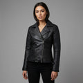 Women’s Black Zipper Moto Biker Jacket with Lip Collar Detail