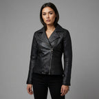 Women’s Black Zipper Moto Biker Jacket with Lip Collar Detail