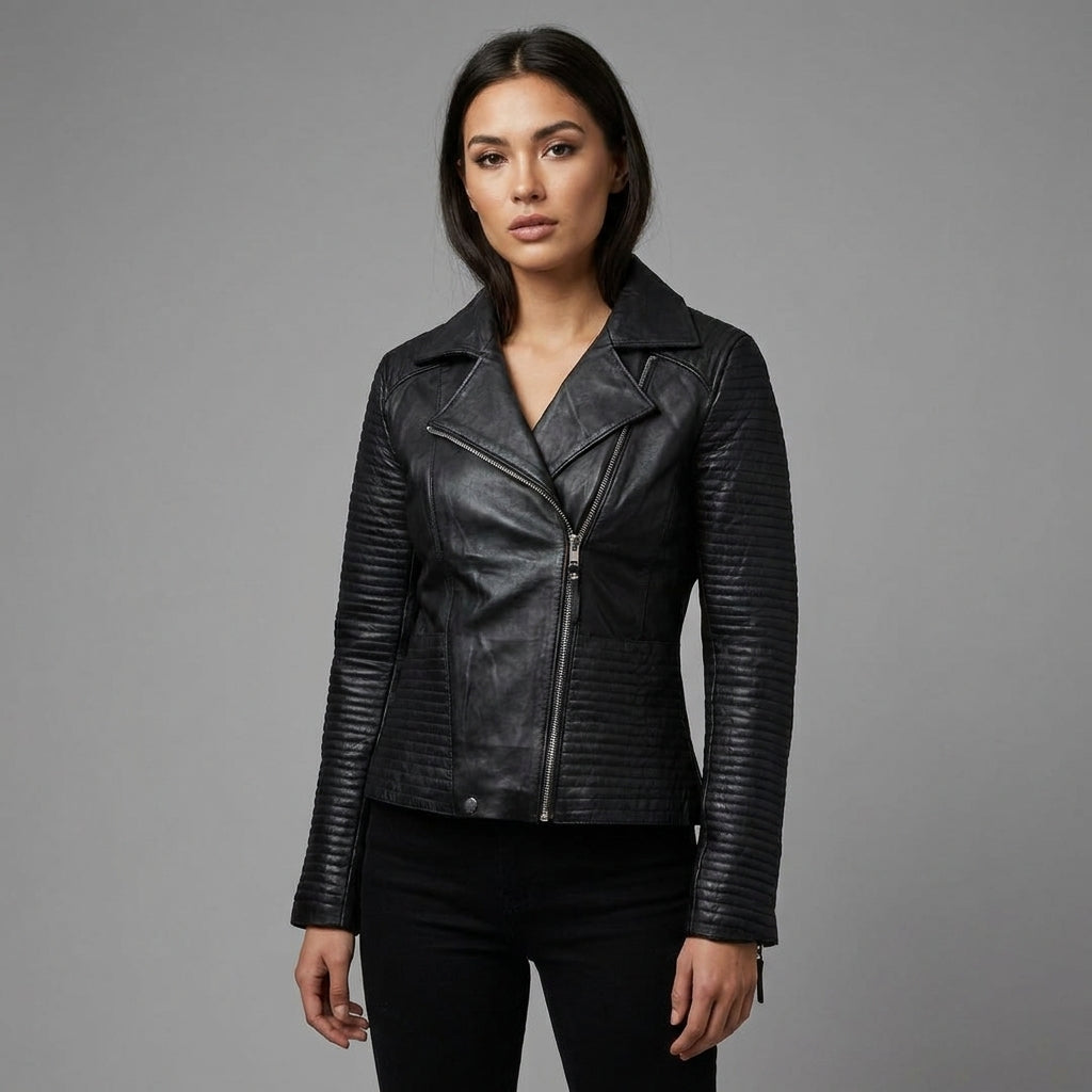 Women’s Black Zipper Moto Biker Jacket with Lip Collar Detail