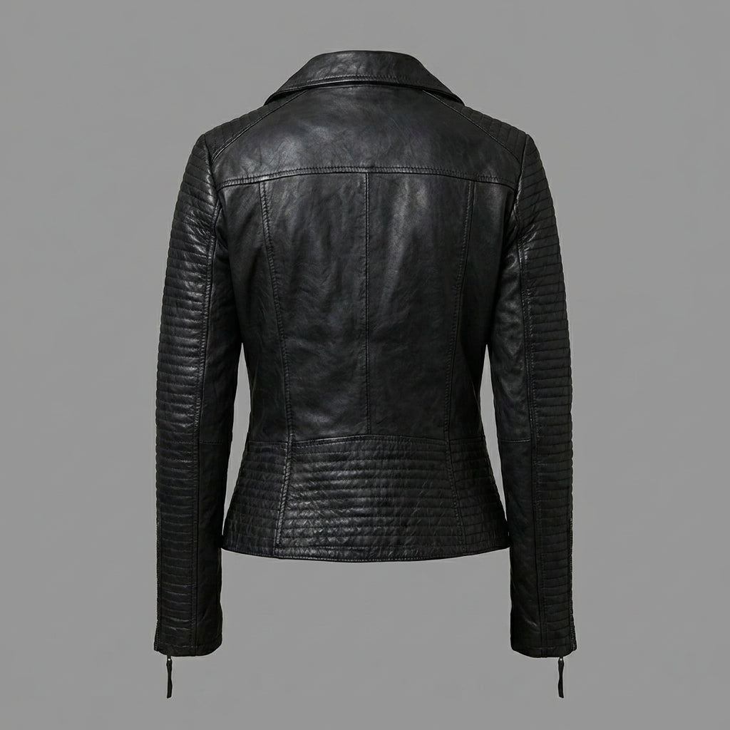 Women’s Black Zipper Moto Biker Jacket with Lip Collar Detail