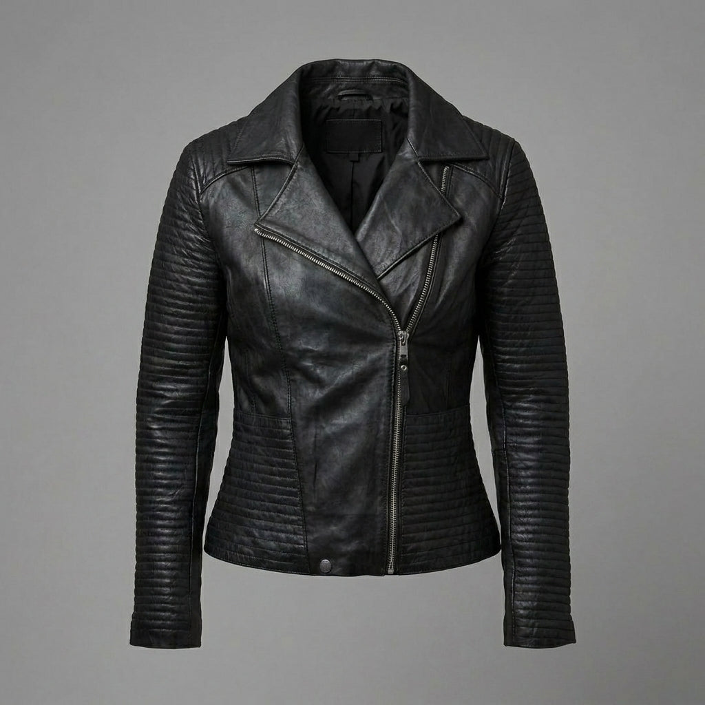 Women’s Black Zipper Moto Biker Jacket with Lip Collar Detail