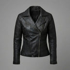 Women’s Black Zipper Moto Biker Jacket with Lip Collar Detail