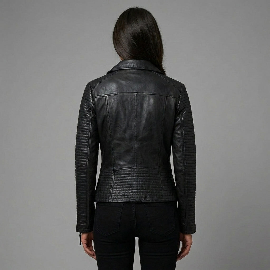 Women’s Black Zipper Moto Biker Jacket with Lip Collar Detail