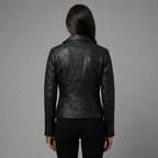 Women’s Black Zipper Moto Biker Jacket with Lip Collar Detail